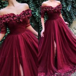 Burgundy Off The Shoulder Tulle A Line Long Evening Dresses 2022 Short Sleeves Ruched Split 3D Floral Formal Party Prom Wear Dresses CG 3182