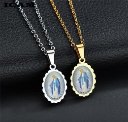 Pendant Necklaces ICAM Catholic Rhinestone Oval Prayer Virgin Mary Necklace Classic Our Lady Of Guadalupe Medal Coin Amulet7487020