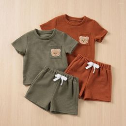 Clothing Sets Baby Boy Summer Short Sleeve Suit Waffle Shorts Two Piece Bear Pocket Casual Set 0-4Y Clothes