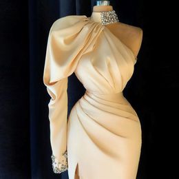 Beige Elegant Sheath Cocktail Dresses Long Sleeves Pleats One Shoulder Beaded High Jewel Neck Mini Short Prom Party Wear Evening Dress 2546