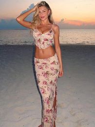 Work Dresses Sexy Cami Top And Maxi Skirt Two Piece Set Sleeveless Floral Crop Tops High Waist Slit Long Women Sets