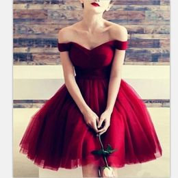 Burgundy Short Bridesmaid Dresses A Line Tulle Off The Shoulder Wedding Party Dress Zipper Back Custom made Homecoming Dress 257W