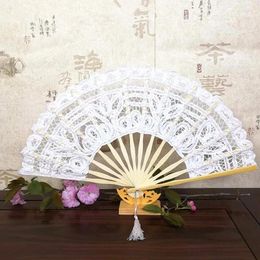 Decorative Figurines Chinese Folding Fans Vintage Bamboo Hand Fan Lace Silk Held Solid Dance Wedding Party Decor Home Ornaments Gift