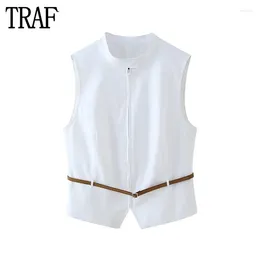 Women's Tanks 2024 White Crop Top Women Belt Waistcoat Tank Female Summer Sleeveless Tops For Streetwear Zip Beach Woman