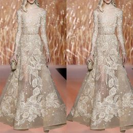 Elie Saab 2018 Prom Dresses Champagne Sheer Bateau Long Sleeves Formal Dress Evening Wear Illusion Floo -Length Party Gowns With Sash 307A