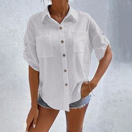 Women's Blouses Womens Short Sleeve Button Down Cotton Linen Shirt Blouse Loose Fit Casual V Neck Tops Fall Women Shirts