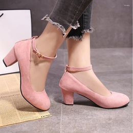 Dress Shoes Flock Ankle Strap Pumps Women 2024 Pink Round Toe High Heels Woman Thick Heel Office Ladies Footwear
