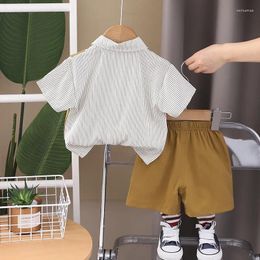 Clothing Sets Western Baby Boys Boutique 2024 Summer Vertical Striped Turn-down Collar Short Sleeve Shirts And Shorts Boy Outfit Set