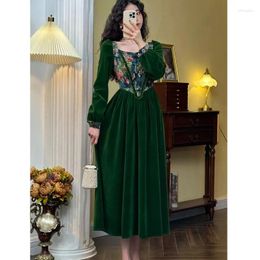 Casual Dresses Y-Y Vintage France Dress Green Floral For Women Chic Auricular A-line Party Prom Winter Clothes Elegant Femme Designer Robe