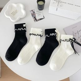 Women Socks White With Wooden Ear Lace Bow Girly Mid-tube Spring/summer Thin Sweet Preppy Cotton