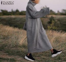 ZANZEA Plus Size Women Long Maxi Dress Casual Turtleneck Pullover Sweatshirt Dresses Female Sweatshirts Maxi Vestidos Robe Femme T3549701