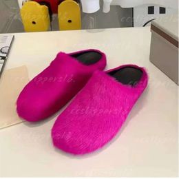 Fashion Fur Slippers Women Round Toe Horse Hair Slides Female Black Rose Red Green Mules Shoes Flat Half Slipper Woman Casual plush shoess size 35-40