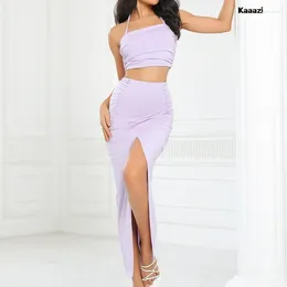 Work Dresses KAAAZI Backless Halter Crop Top Bandage Suit Pleated Sleeveless Sexy Women Split Long Skirt Summer Two Piece Set Spicy Girl