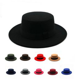 Wide Brim Hats Mens Women Jazz Hat Spring Autumn Wool Boater Ribbon Flat Top Felt Fedora Cap Classic Bowler Gambler Caps2444667