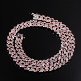 8mm Iced Out Women Choker Necklace Silver Rose Gold Cuban Link With White & Pink Cubic Zirconia Chain Jewellery Bracelet 251j