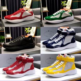 Homens Momen Americas Cup Sneakers de couro de alta qualidade Patente Treinadores planos de malha preta de malha