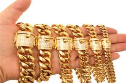 10mm18mm wide Yellow Gold Plated CZ Lock Stainless Steel Cuban Miami Chains Necklaces Bracelet for Men Hip Hop Rock Jewelry4413339