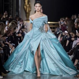 Elie Saab Light Sky Blue Overskirt Prom Dresses Off The Shoulder Split Side Formal Dress Taffeta Pleated Plus Size Evening Gowns 275c