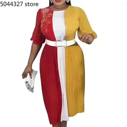 Ethnic Clothing African Dresses For Women Summer 3/4 Sleeve Polyester White Green Red Pink Pleated Dress Dashiki Clothes