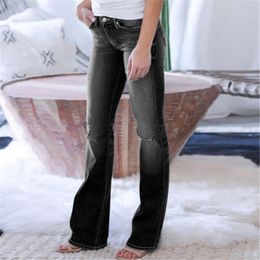 Women's Jeans Trousers Slim Waist Denim Elastic Pocket Button High Pants Women Hole Women's For