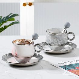 Mugs Modern Simple Ceramic Cup Coffee Dish With Spoon Flower Tea Gift European Retro Mug