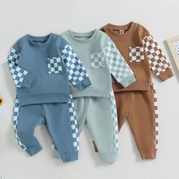 Clothing Sets Toddler Boys Girls Fall Outfits Soft Cotton Fashion Checkerboard Patchwork Long Sleeve Sweatshirts Pants Kids Clothes