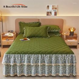 Bed Skirt Olive Green Pink Red Grey Pure Cotton Lace Ruffles Quilted Mattress Cover Bedspread Sheet With Pillowcases 3Pcs