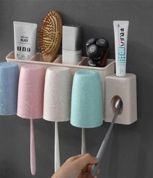 Wheat Straw Toothbrush Holder Wall Mounted Automatic Toothpaste Dispenser Plastic Toothpaste Squeezer Holder Toilet Tumbler Set X04914874