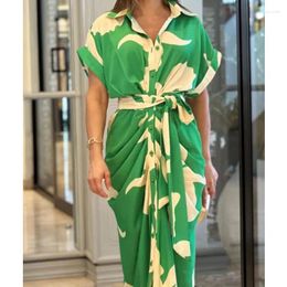 Casual Dresses HOUZHOU Green Elegant Dress Women Art Print Lapel Short Sleeve Single Row Button Tie Up Pleated Design Shirt Female