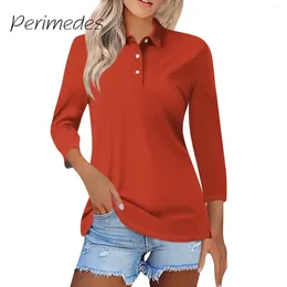 Women's T Shirts Camisetas Tees For Ladies Lapel Short Three Quarter Sleeve Solid Colour Tee Shirt Fashion Casual With Buttons Tops 2024