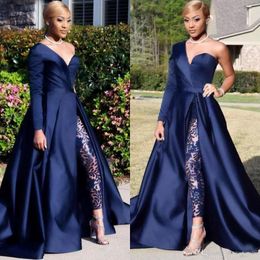 Modest Blue Jumpsuits Two Pieces Prom Dresses One Shoulder Front Side Slit Pantsuit Evening Gowns Evening Dress 184H