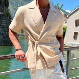 Men's Casual Shirts Retro Linen Shirt Short Sleeved Drawstring Waistband Tie Up Top Summer Fashionable Street Wear