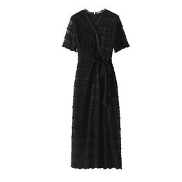 Summer Black Solid Color Panelled Dress Short Sleeve V-Neck Lace Waist Belted Midi Casual Dresses W4M065105