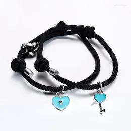 Charm Bracelets 2 PCS/Set Fashion Couple Black Rope Key Lock Heart Bracelet For Women And Men Paired Gifts Lovers
