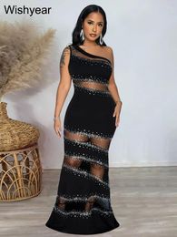 Casual Dresses Luxury Sparkle Diamond Single Shoulder Rhinestones Mesh Long Maxi Dress Woman Sexy Night Party Prom Birthday Evening Vestidos