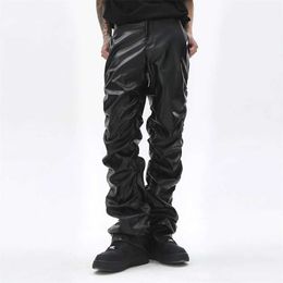 Men's Pants Mens leather pants with dark punk niche design bright pleated leather pants mens hip-hop loose casual pantsL2405