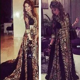 2018 Dubai Arabic Kaftan Black Chiffon Long Sleeve Evening Dresses Long Middle East Vestidos De Festa V-neck Muslim Prom Dress 2018 321v