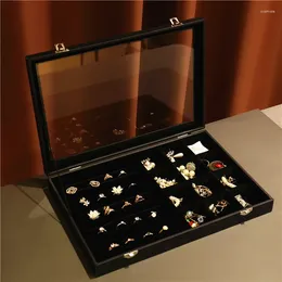 Storage Boxes Black Square Earring Jewelry Display Box Glass Transparent Desktop Ring Showcase Home Dust-proof Organizer