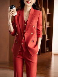 Women's Two Piece Pants Autumn Spring Women Vest Blazer And Pant Suit Orange Navy Khaki Office Ladies Formal Business Work Career Wear 3