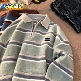 Men's Sweaters Japan Y2K Knitted Warm Polo Knit Striped Turtleneck Sweater Shirts Winter Streetwear Knitwear Korean Clothes Jumper Men