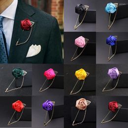 Decorative Flowers 1pc Men's Suit Rose Flower Brooches Canvas Fabric Ribbon Tie Lapel Pin Badge With Tassel Chain Men Wedding Boutonniere