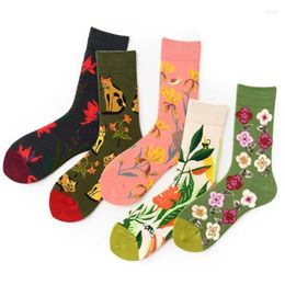 Women Socks Funny Happy Cotton Warm Lady Autumn Winter Floral Thick Middle Tube For