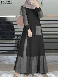 Ethnic Clothing ZANZEA Fashion Grid Patchwork Muslim Dress Spring Long Slve O-Neck Sundress Femme Vintage Party Vestidos Dubai Turkey Robe T240510