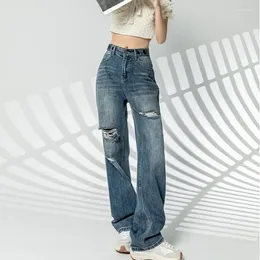 Women's Jeans #3128 Denim Blue Long Women Holes High Waisted Straight Wide Leg Female Streetwear Ripped Femme Cotton