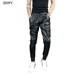 Men's Pants Idopys new arrival in autumn and winter mens Korean hip-hop artificial leather harem pants brushed elastic waist PU leather joggerL2405