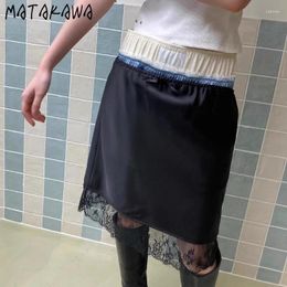 Skirts Matakawa Lace Satin For Women Y2k Solid Spring Summer Vintage Faldas Mujer Korean Fashion Elastic High Waist Mini Skirt