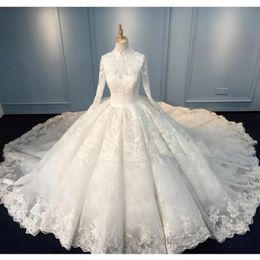 Gorgeous Lace Ball Gown Wedding Dresses Long Sleeves High Neck Appliqued Bridal Gowns Court Train Sequined Tulle robes de mariee 267F