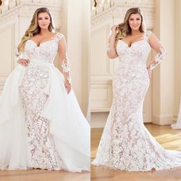 Modest Plus Size Mermaid Wedding Dresses With Detachable Train Long Sleeve Full Lace Appliqued Bridal Dress V Neck Wedding Gowns 276r