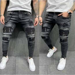 Men's Jeans Spring Festival Does Not Close. Mens Distressed Printed Sell on Sale with Patches and Elastic Small Leg Jeansrc9u