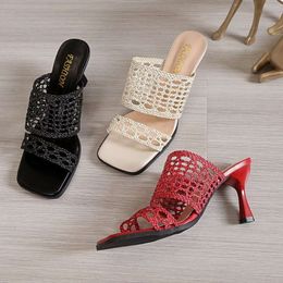Summer Mesh Sandals Square Toe Peep-toe Skeleton High-heeled Shoes Breathable Comfy Outdoor Flip Flops Slipper Women